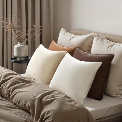 Solid Linen Neutral Brown Pillow Covers with Flange Design Pack of 4 Decorative Brown Throw Pillow Covers Soft Accent Boho Couch Pillowcases Farmhouse for Living Room Bed Sofa 16x16 Inch