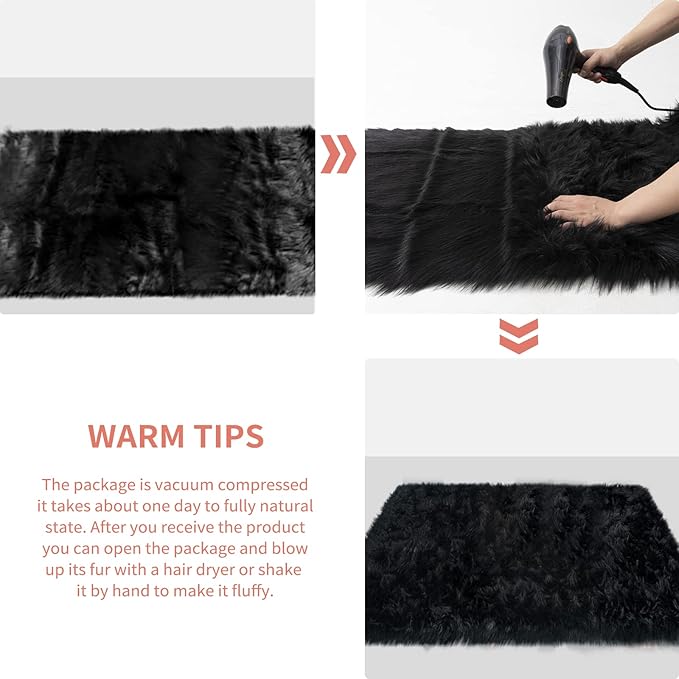 Ciicool Faux Fur Rug for Bedroom, Black Fluffy Shag Rugs for Sofa Couch Seat Cushion, Washable Fuzzy Runner Thick Fur Floor Carpets for Bedside Living Room, 2x6 Ft Rectangle