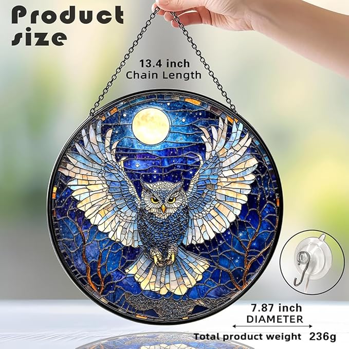 Owl Suncatcher - Moonlit Stained Glass Window Hanging Decor for Nature Lovers, Whimsical Night Bird Gift for Owl Enthusiasts,Sun Catchers Indoor Window, Outdoor Celestial Home Decoration (7.87 Inch)