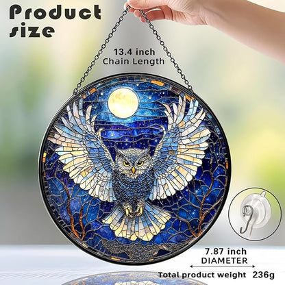 Owl Suncatcher - Moonlit Stained Glass Window Hanging Decor for Nature Lovers, Whimsical Night Bird Gift for Owl Enthusiasts,Sun Catchers Indoor Window, Outdoor Celestial Home Decoration (7.87 Inch)