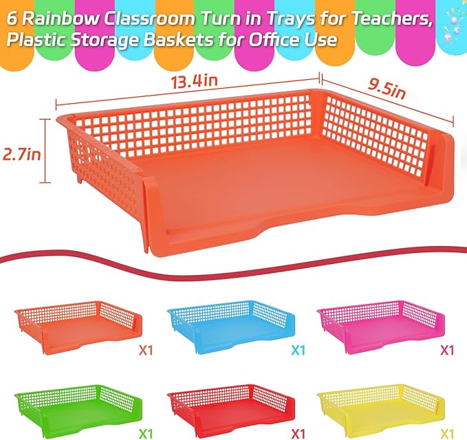 ZZYFGH 6 Pack in Trays for Teachers, Plastic Classroom Paper Organizers, Colorful Storage Baskets for Office, Stackable Office Desktop Document Paper Storage(13.4 * 9.5 * 2.7in)