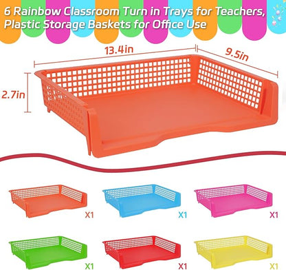 ZZYFGH 6 Pack in Trays for Teachers, Plastic Classroom Paper Organizers, Colorful Storage Baskets for Office, Stackable Office Desktop Document Paper Storage(13.4 * 9.5 * 2.7in)