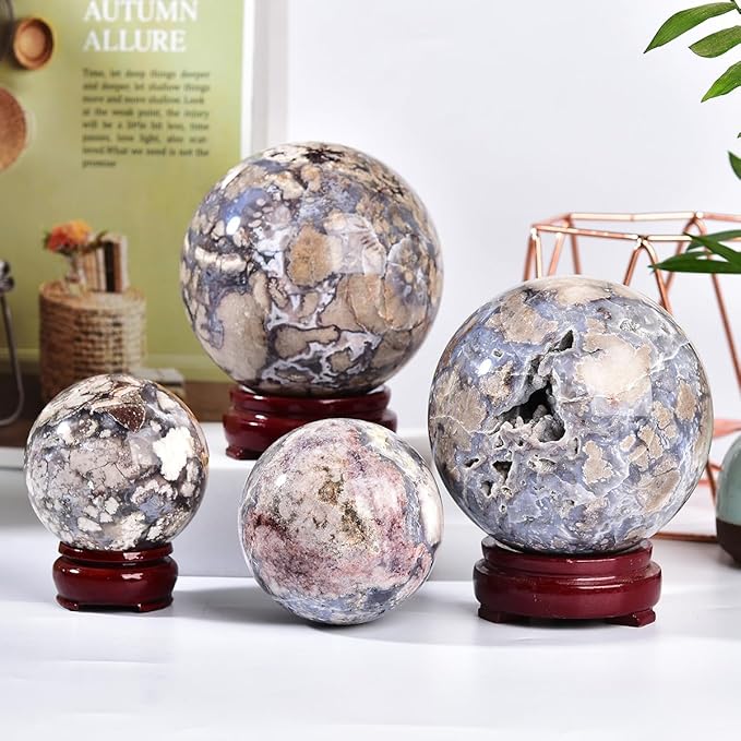 JIC Gem Large Blue Cherry Blossom Agate Crystal Ball with Stand Crystal Sphere Natural Sakura Flower Agate Stone Reiki Healing Meditation Witchcraft Home Decor 2.7-3.1 inch(70-80mm)