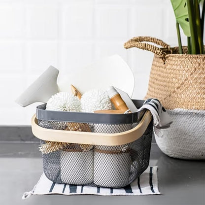 Metal Mesh Steel Basket, Storage Organizer Basket Multi-functional Hanging Kitchen Baskets Fruit Basket with Wooden Handle for Kitchen Bathroom Picnic Shopping Decor Cabinet Home, Grey