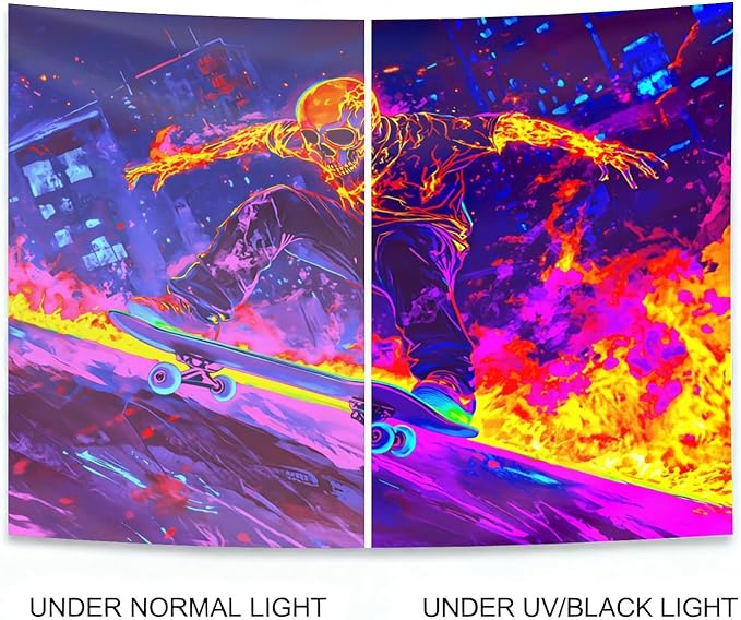 seewan Black Light Skull Tapestry, Glow-in-the-Dark UV Neon Street Art & Graffiti Wall Hanging, Cool Psychedelic Skull Skater Poster Tale, Bedroom Dorm Living Room Background Decor