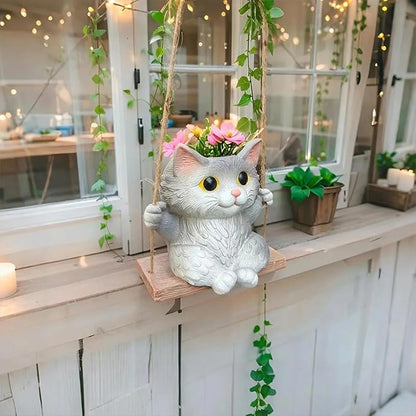 Cat Hanging Planters for Indoor Outdoor Plants, Small Cute Hanging Pots for Succulent, String of Pearls Plant, Resin Hanging Flower Pots with Drainage Hole, Unique Gift, Garden Home Decor