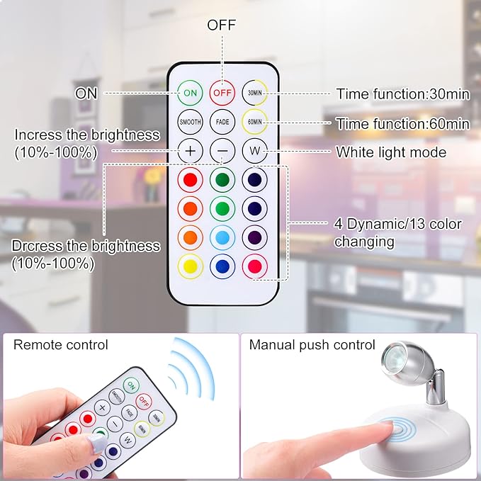 Tuanse 12 Pcs Battery Operated Spotlights Indoor LED Spot Display Lights Battery Powered Uplights 13 Colors Dimmable Mini Accent Lighting for Art Pictures Painting Closet(White)