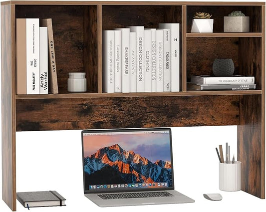 GOFLAME 4 Cubes Desktop Bookshelf, 37” Tabletop Wood Desk Shelf for Computer Monitor, Modern Countertop Desk Display Hutch Storage Organizer Shelf for Home Office, Dorm, Study (Rustic Brown)