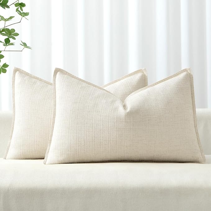 MIULEE Decorative Lumbar Throw Pillow Cover 12x20, 2 Pack Boho Farmhouse Neutral Throw Pillow for Bed, Thick Textured Modern Linen Cushion Cases Couch Sofa Living Room Home Decor, Cream White