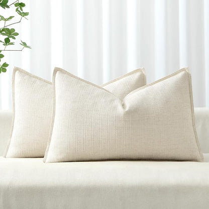 MIULEE Decorative Lumbar Throw Pillow Cover 12x20, 2 Pack Boho Farmhouse Neutral Throw Pillow for Bed, Thick Textured Modern Linen Cushion Cases Couch Sofa Living Room Home Decor, Cream White