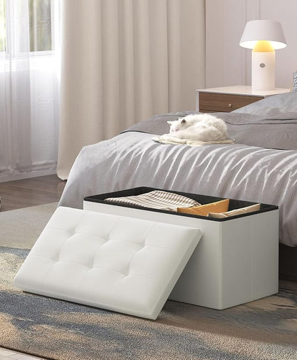 Folding Storage Ottoman Bench, Multi-Functional Ottoman Footrest, End of Bed Bench, Storage Chest for Living Room, Bedroom, Hallway, Entryway, Holds Up to 600 lbs (White, 30 Inches)
