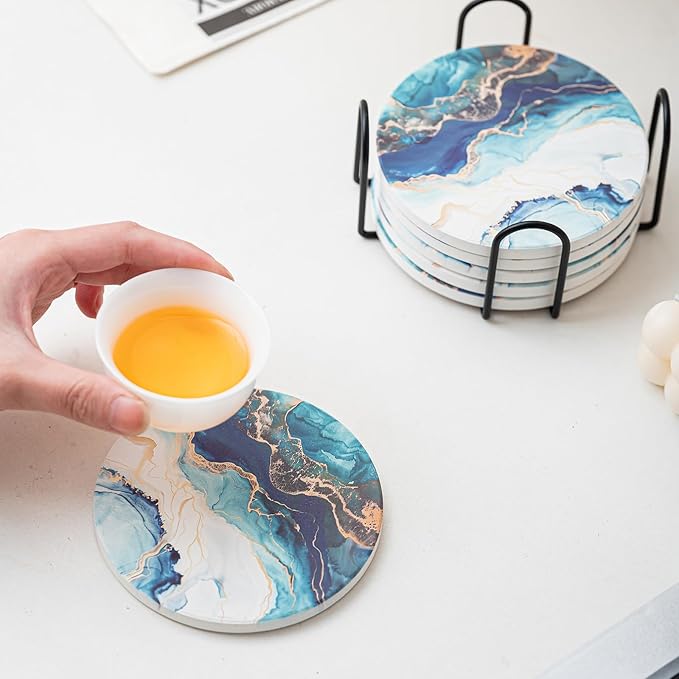 Ceramic Drink Coasters Set of 6 with Holder, Modern Marble Absorbent Ceramic Coasters, Round Ceramic Table Coasters for Home Decor Coffee Kitchen (4 Inches), Lake Blue