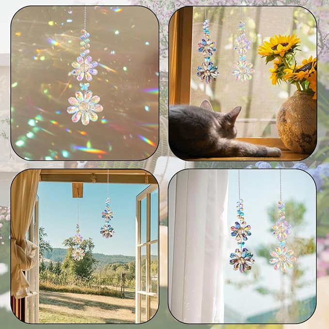 2 PCS Crystal Flower Sun Catcher Prisms Colorful Suncatcher Hanging Ornament Crystals Sunflower Rainbow Maker Suncatchers for Windows Hanging Indoor Outdoor Balcony Aesthetic Home Patio Garden Decor