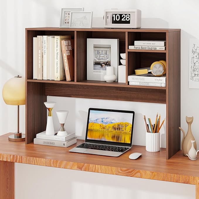 GOFLAME 4 Cubes Desktop Bookshelf, 37” Tabletop Wood Desk Shelf for Computer Monitor, Modern Countertop Desk Display Hutch Storage Organizer Shelf for Home Office, Dorm, Study (Walnut)