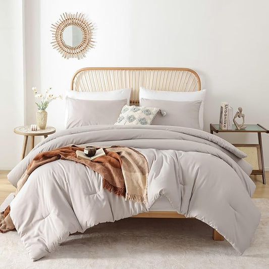 ROSGONIA King Size Comforter Set Linen Grey, 3pcs(1 Boho Comforter & 2 Pillowcases) Soft Lightweight Bedding Blanket All Season Bedspreads Quilt