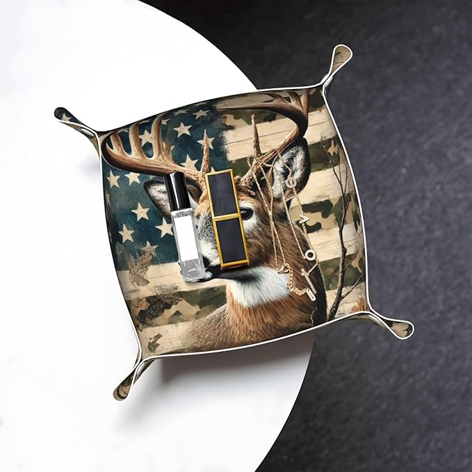 Valet Tray for Men Husband Boyfriend Boys – Catchall Bedside Vanity Tray, Nightstand Caddy Leather Holder for Keys, Phone, Wallet, Coins, Trinkets & Jewelry Camo Leaf Deer American Flag 001