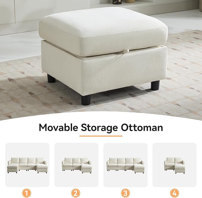 83”L-Shaped Modular Sectional Sofa with Storage & Movable Ottoman, Convertible 4-Seat Reversible Chaise Chenille Couch for Living Room, Soft Beige Fabric, Modern Design