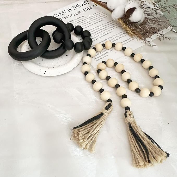 2 pcs Decorative Wood Knot Link Chain and Bead Decor, Black Wooden Knot Decor for Coffee Table Farmhouse Decortive for Home Boho Modern Shelf Decortion(Black)