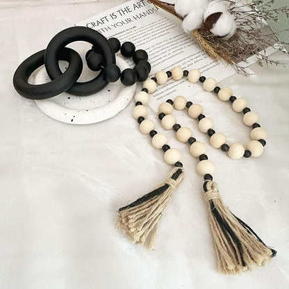 2 pcs Decorative Wood Knot Link Chain and Bead Decor, Black Wooden Knot Decor for Coffee Table Farmhouse Decortive for Home Boho Modern Shelf Decortion(Black)
