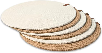 Round Placemats, Set of 6, Handmade by Braided Cotton Cord for Kitchen and Dining Table, Dia. 12.6 Inch, Doublesided, Heat Resistant, Off-White/Cappuccino