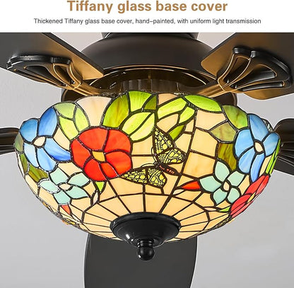 Tiffany Ceiling Fans with Lights - 48" Ceiling Fan Chandelier with 5 Dual-Blades and Glass Shade, 6 Speeds and Reversible, Indoor and Outdoor, Retro Style