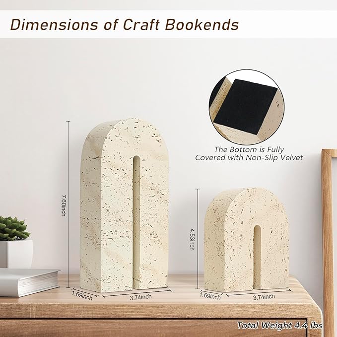 Book Ends for Shelves, Resin Heavy Duty Decorative Bookends, Retro Arch Book Holder for Heavy Books, Imitation Travertine Book Stopper for Home Decor, Study, Bookshelf, Desktop, Set of Two