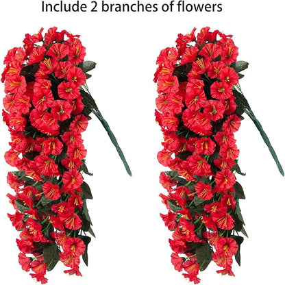 Artificial Fake Hanging Flowers Plants for Outdoor Outside Winter Christmas Decoration, 2PCS Faux Silk UV Resistant Look Real Red Morning Glory Trailing Vines for Home Wedding Party Garden Patio Porch