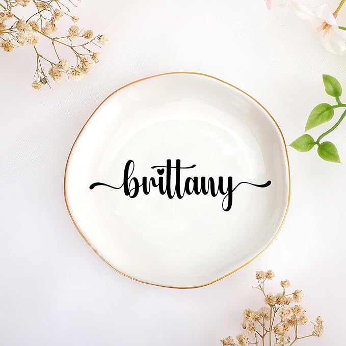JoycuFF Brittany Personalized Name Ceramic Jewelry Tray, Mothers Day Christmas Anniversary Engagement Birthday Gifts for Women Couples, Trinket Dish for Rings Earrings Necklaces Bracelets Keys