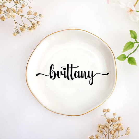 JoycuFF Brittany Personalized Name Ceramic Jewelry Tray, Mothers Day Christmas Anniversary Engagement Birthday Gifts for Women Couples, Trinket Dish for Rings Earrings Necklaces Bracelets Keys