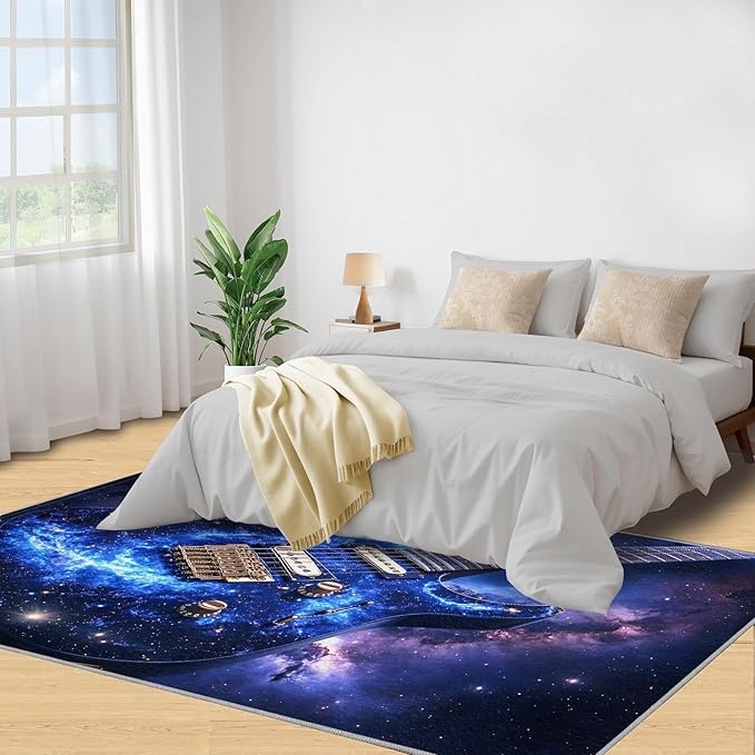 Guitar 2x3 Area Rugs for Living Room -Musical Instruments Washable Rug Starry Sky Non-Slip Carpet Indoor Floor Stain Resistant Thin Carpets for Bedroom Dining Room Home Office