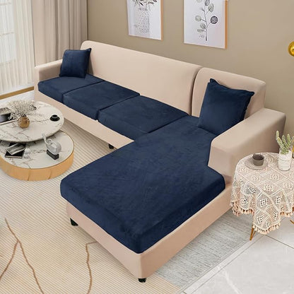 NAISI Sectional Couch Cover 4 Pieces Velvet Separate Couch Cushion Covers L Shape Soft Stretch Sofa Slipcovers with 2pcs Pillowcases for Left/Right Chaise Sectional Couch(3 Seater+1 Chaise,Navy)