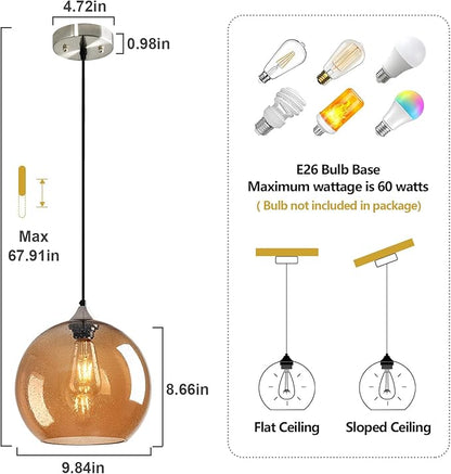 Amber Glass Pendant Lights Kitchen Island Globe Pendant Light Fixtures Modern Pendant Lighting for Bedroom Living Dining Room Light Fixture (9.84 in, 3 Pack)