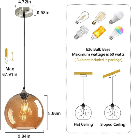Amber Glass Pendant Lights Kitchen Island Globe Pendant Light Fixtures Modern Pendant Lighting for Bedroom Living Dining Room Light Fixture (9.84 in, 2 Pack)