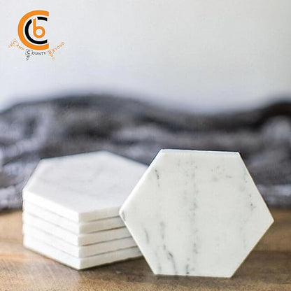 Coasters for Drinks - Set of 6 Modern Coasters - 4" Wide Drink Coasters - Made from Real Solid Marble White Marble Coasters Hexagon Shape