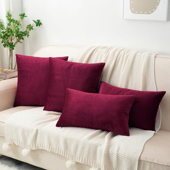 HWY 50 Wine Red Velvet Throw Pillow Covers 16x16 Inch, Pack of 2 Soft Cozy Solid Decorative Luxury Cushion Cases for Couch Sofa Bed Living Room Bedroom