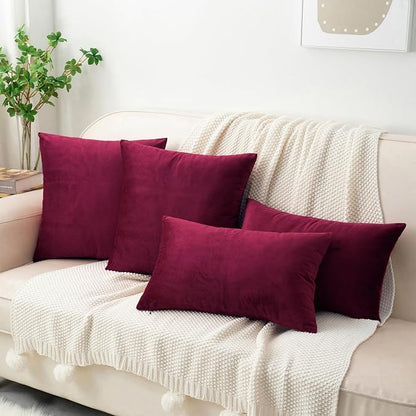 HWY 50 Wine Red Velvet Throw Pillow Covers 22x22 Inch, Pack of 2 Soft Cozy Solid Decorative Luxury Cushion Cases for Couch Sofa Bed Living Room Bedroom