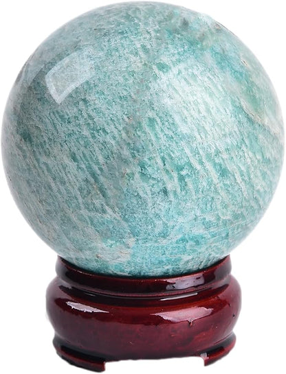 JIC Gem Amazonite Crystal Ball with Wood Stand Gemstone Sphere, Healing Crystal Balls for Reiki Chakra Decoration Fengshui (3-3.5inch)