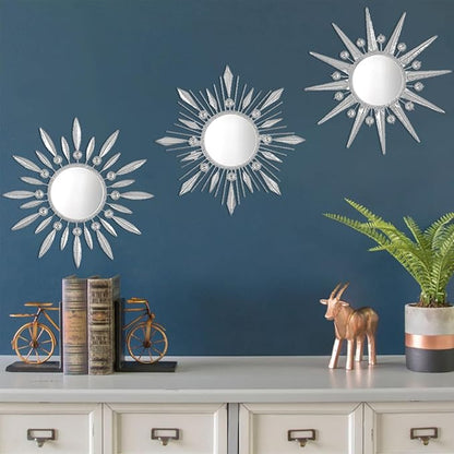 Silver Mirrors Wall Decor, Metal Sunburst Mirror Wall Art Christmas Decorative Mirrors, 9 inch Home Christmas Decoration Rhinestone Small Mirror for Living Room Entryway Set of 3