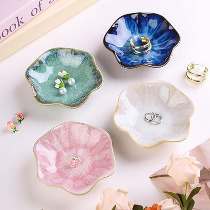 WHJY 2 Pack Ceramic Jewelry Dish 4.3 Inch Ring Holder for Women Decorative Lotus Flower Trinket Tray for Room Decor Green and Blue Vanity Storage for Ring Earring Necklace