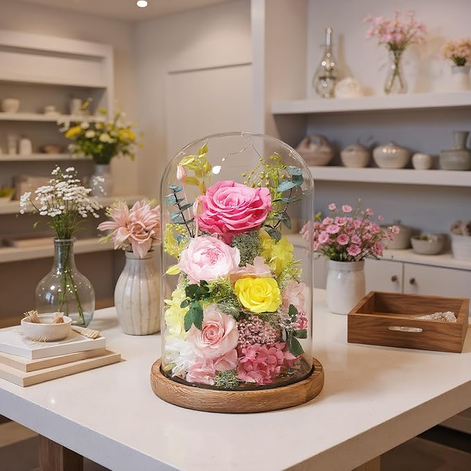 Flowers for Delivery Preserved Flowers Rose in Glass Dome,Pink Rose Forever Flowers Birthday Gifts for Women Mom Grandma Friend for Her,Home Decor