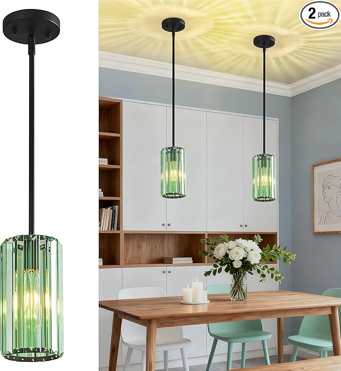 Modern Crystal Pendant Light Mini Light Green Chandeliers Adjustable Pendant Lights Fixture for Kitchen Island Dinning Room Corridor Bedroom(Light Green 2-Pack)