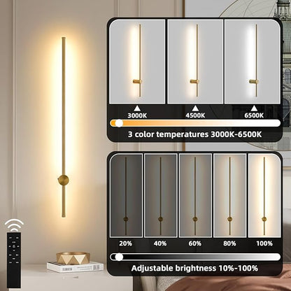 Battery Operated Wall Sconce USB Rechargeable Sconces, 39.3" Brushed Gold Wireless Wall lamp Set of 2, 3000K-6000K & Dimming with Remote Control, LED Wall Lights for Living Room, Bedroom