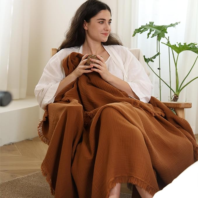 MooMee Muslin Blanket - 100% Cotton 4-Layer Gauze Throw Blanket with All-Around Fringe, Ultra-Soft Breathable Lightweight Cooling Decorative for Bed, Sofa & Couch (Drak Orange,Throw 60" x 50")