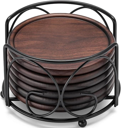 Wood Coasters with Metal Holder, GOH DODD Set of 6 Walnut Wooden Coaster Tabletop Protection for Drinks Coffee Table Home Kitchen Office Bar Living Room Decor Housewarming Gifts Wedding Party, 4 Inch