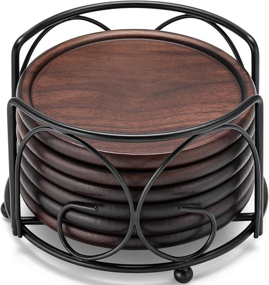 Wood Coasters with Metal Holder, GOH DODD Set of 6 Walnut Wooden Coaster Tabletop Protection for Drinks Coffee Table Home Kitchen Office Bar Living Room Decor Housewarming Gifts Wedding Party, 4 Inch