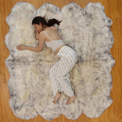 HUAHOO Premium Genuine Sheepskin Rug White Gray Real Australia Sheepskin Natural Lambskin Fur Area Rug Seat Covers for Kids Bedroom Sofa Chair Cover Pets Dogs Mat Eight Pelt / 6.2' x 7' Wolf Tip