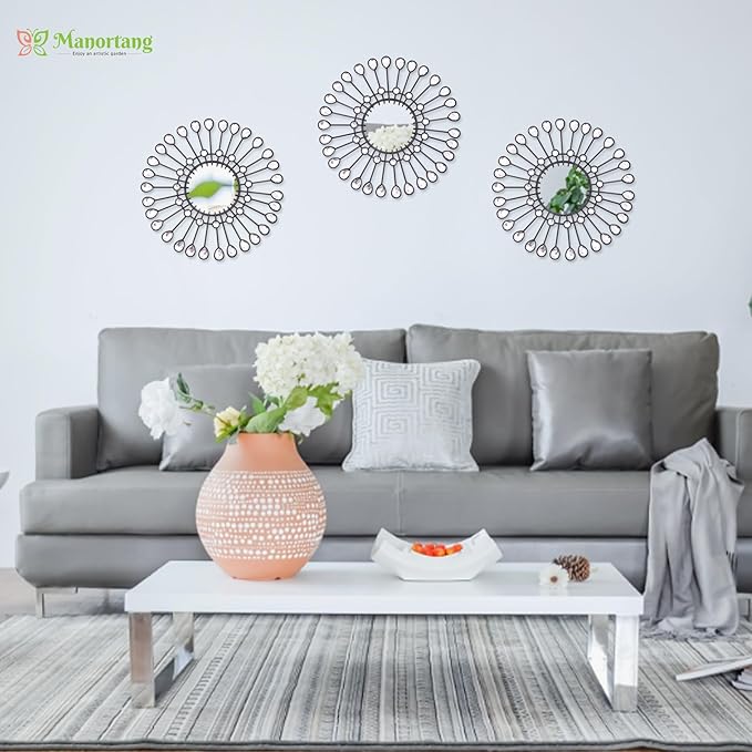 Black Mirrors 3 Piece, Sunburst Mirror Hanging Wall Decor, 9 inch Decorative Mirrors Wall Art, Rhinestone Round Mirror for Bedroom, Christmas, Kitchen, House Warming