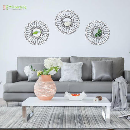 Black Mirrors 3 Piece, Sunburst Mirror Hanging Wall Decor, 9 inch Decorative Mirrors Wall Art, Rhinestone Round Mirror for Bedroom, Christmas, Kitchen, House Warming