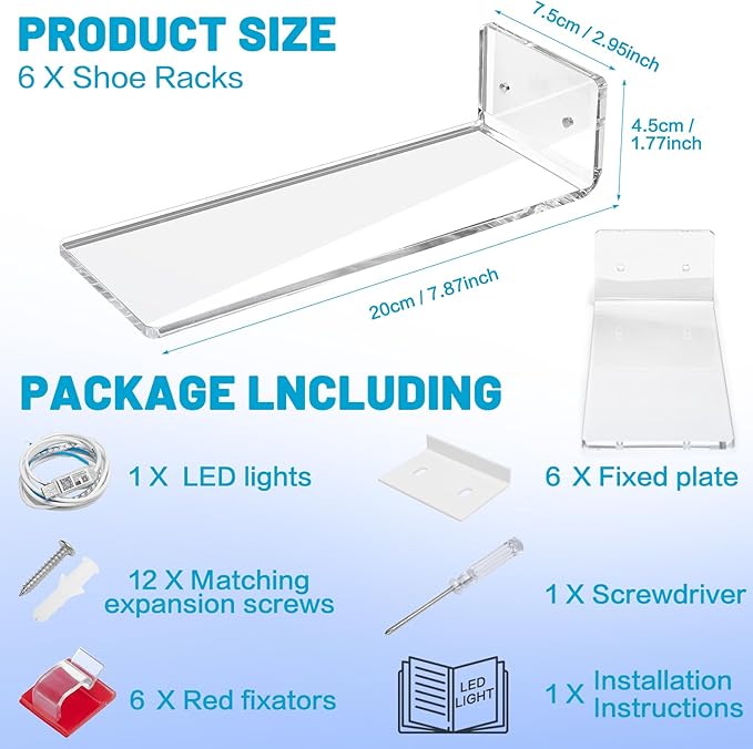 DILIBRA Set of 6 Floating Shoe Display Shelf with Lights, Glow Color Changing Clear Acrylic Shoe Shelf for Wall, Levitating Sneaker Shelves Wall Mount for Display Your Top Shoes Collection
