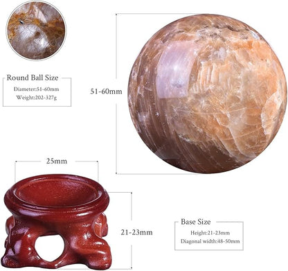 moonsix Natural Orange Moonstone Crystal Sphere with Resin Stand Healing Energy Stone Decorative Ball Sculpture for Home Office Tabletop, 51-60 mm